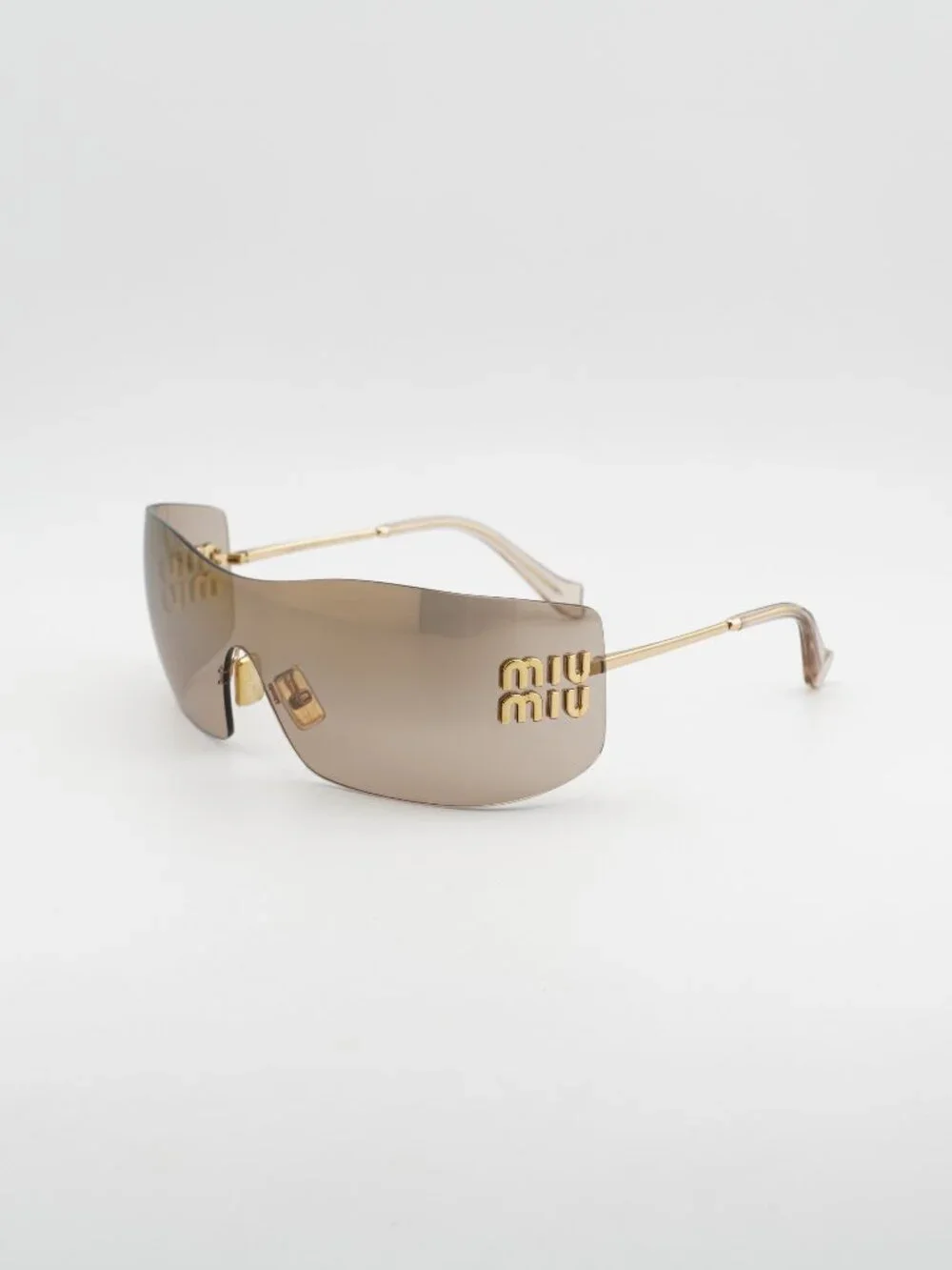 Miu Miu MU B53S 5AK20P Sunglasses Gold Shield Frame, Light Brown Lenses